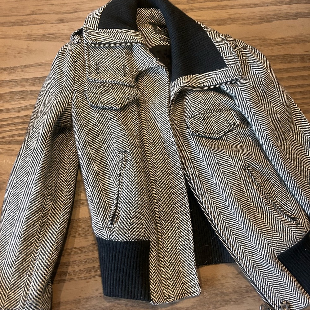 Armani Exchange Black and White Herringbone Bomber Jacket